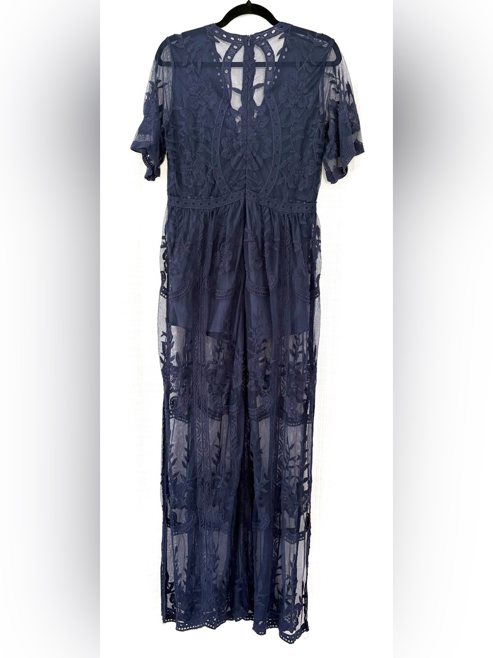 Women's Deep V-Neck Lace Romper Short Sleeve Long Dress - Picture 3 of 9